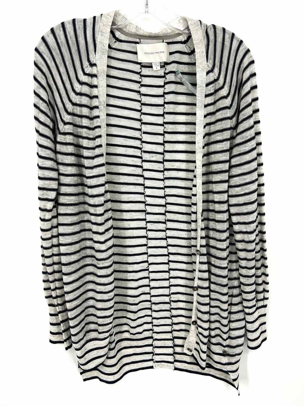 Brochu Walker Size L White/Navy Stripe Knit Designer Cardigan